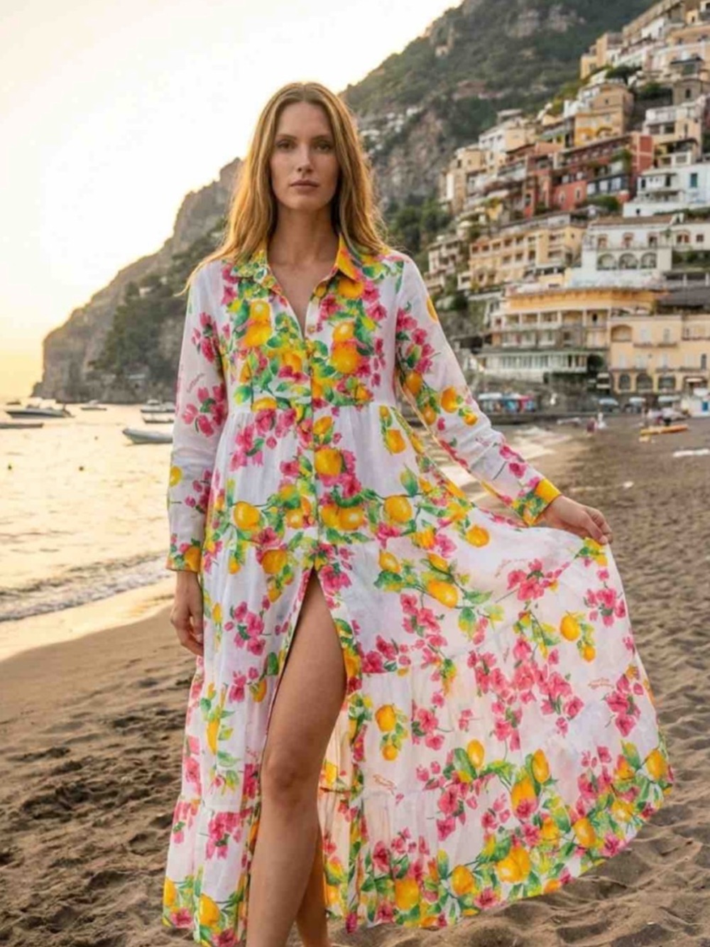 Antica Sartoria 2026 Floral Lemon Print Maxi Shirt Dress NWT L/XL